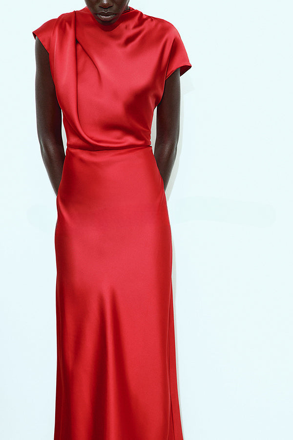 Robe longue à manches courtes avec nœud papillon en satin et col ras du cou "Souhaits sincères"