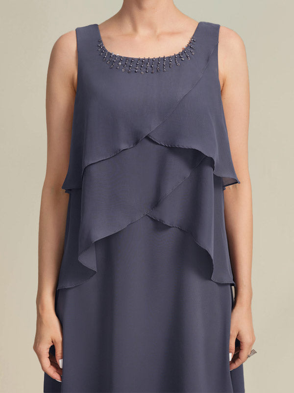 Robe de mère de la mariée en mousseline, longueur genou, en ligne A, décolleté arrondi avec perles