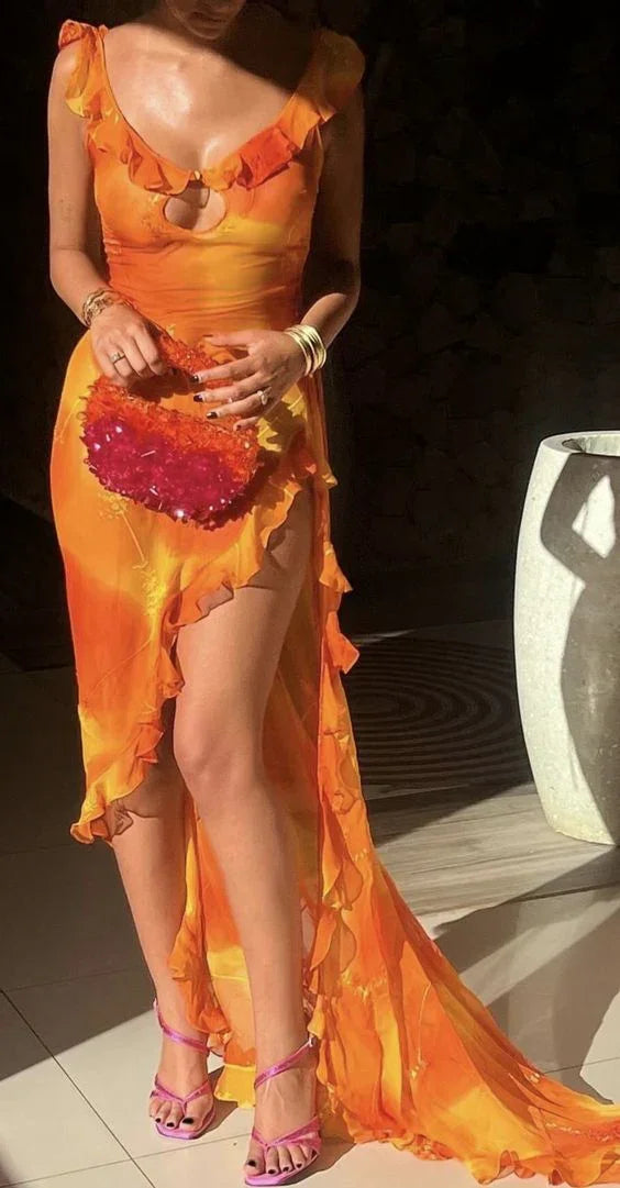 Abito lungo da sera con spacco e balze uniche in chiffon per ballo e festa Y7497