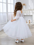 Girls Long Sleeve Peony Lace A Line Tulle Party Dress