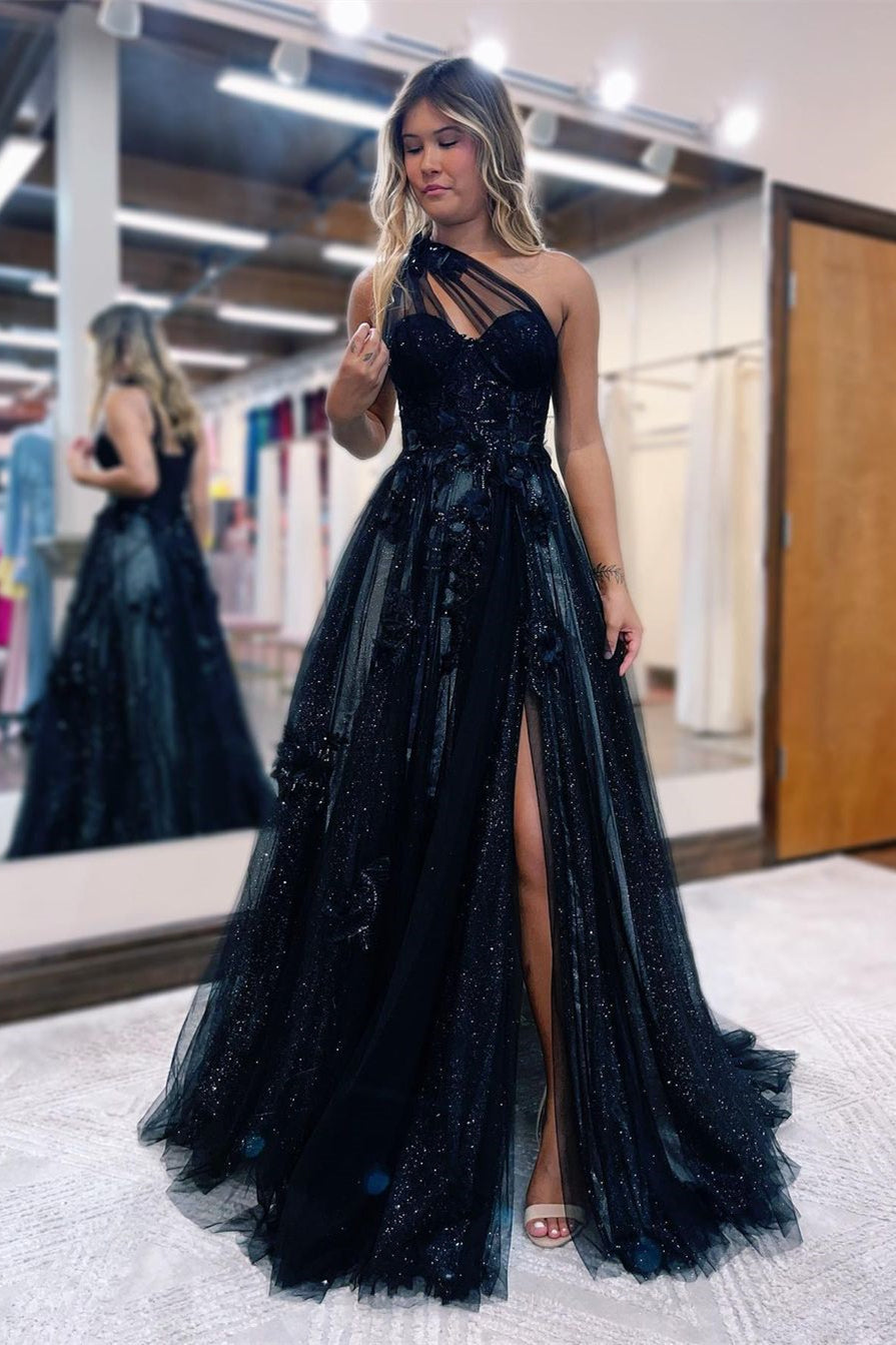 Custom Black One Shoulder Prom Dress Side Split Tulle Appliques