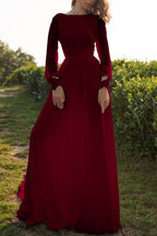 Tulle Bateau Long Sleeves Boho Wedding Dress Open Back A Line