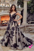 Modern Black V Neck Open Back A Line Wedding Dress With Lace And Tulle