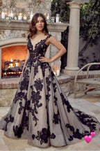 Modern Black V Neck Open Back A Line Wedding Dress With Lace And Tulle