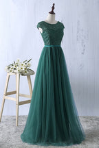 BMbridal Elegant Dark Green Tulle Jewel Prom Dress Sleeveless With Appliques