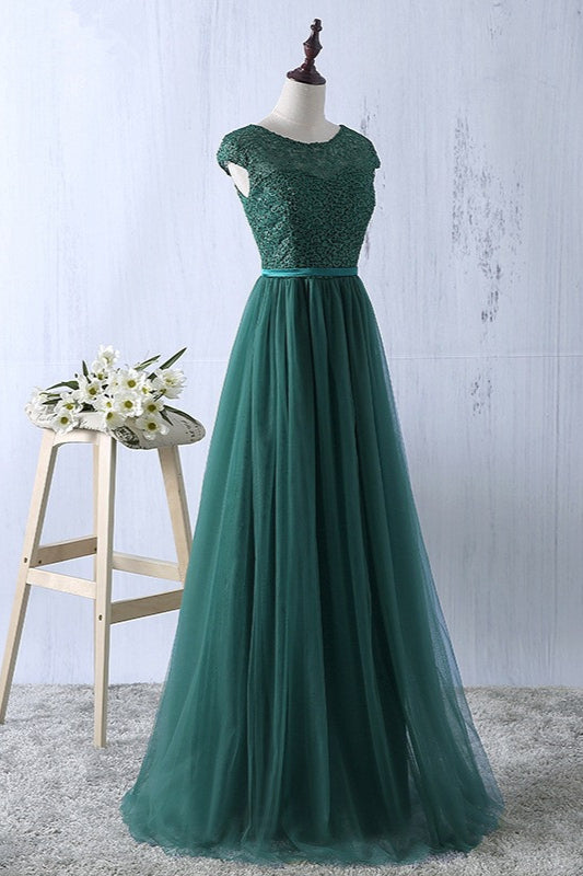 BMbridal Elegant Dark Green Tulle Jewel Prom Dress Sleeveless With Appliques