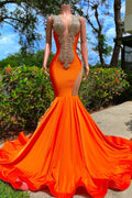 Orange Long V Neckline Sleeveless Beads Mermaid Backless Prom Dresses