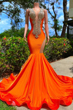 Orange Long V Neckline Sleeveless Beads Mermaid Backless Prom Dresses