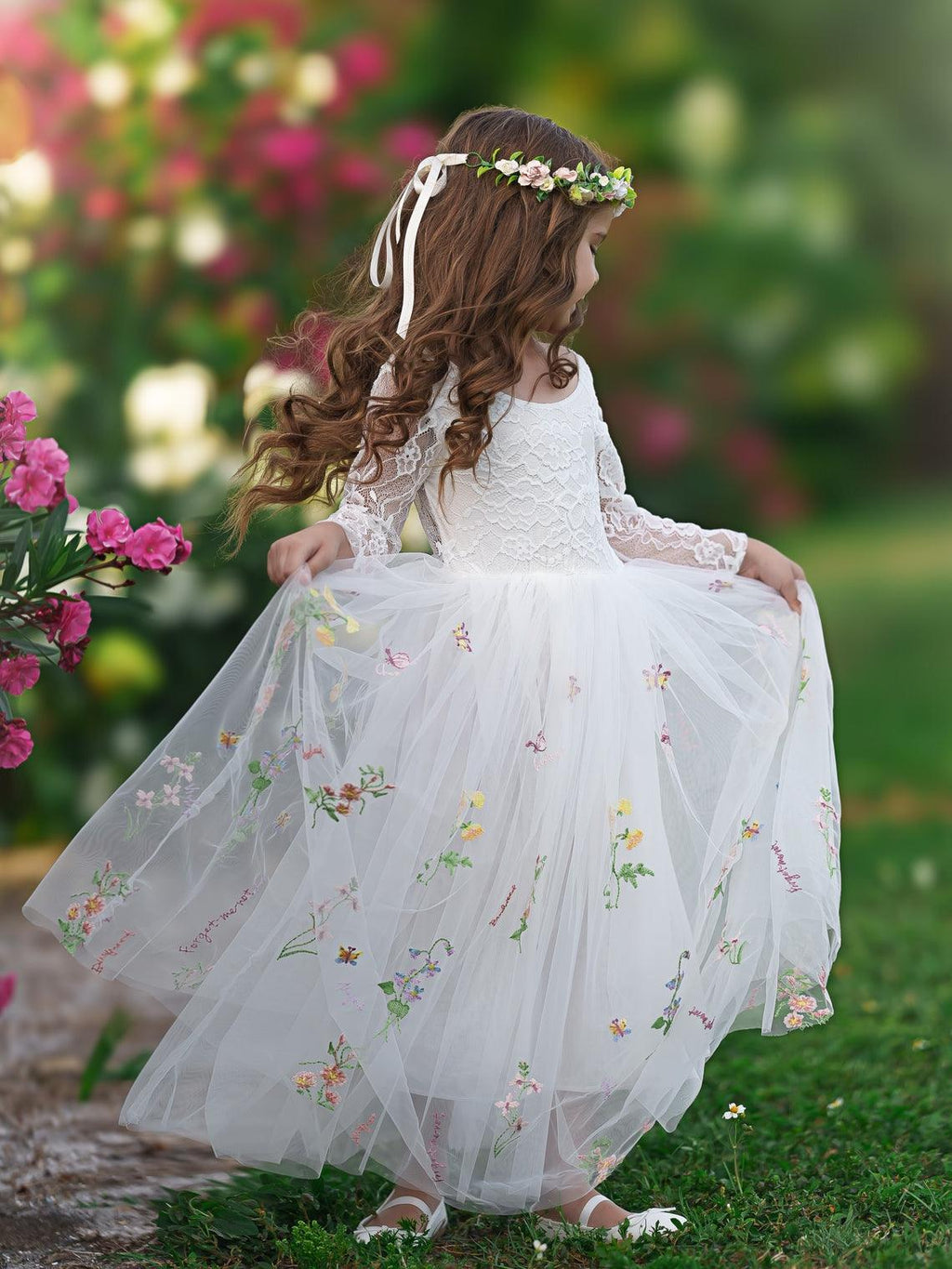 White Floral Lace Tulle Flower Girl Dress A Line Long Sleeve Floor Length
