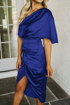 Elegante Abendkleider mit einfarbiger Falte und schrägem Kragen (5 Farben) 