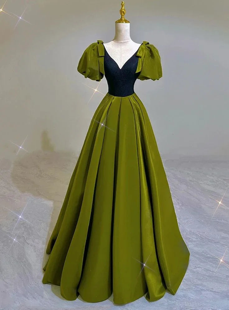 Sexy grünes Satin-Kleid mit V-Ausschnitt und Puffärmeln, Ballkleid für Abschlussball und Geburtstagsparty Y7600