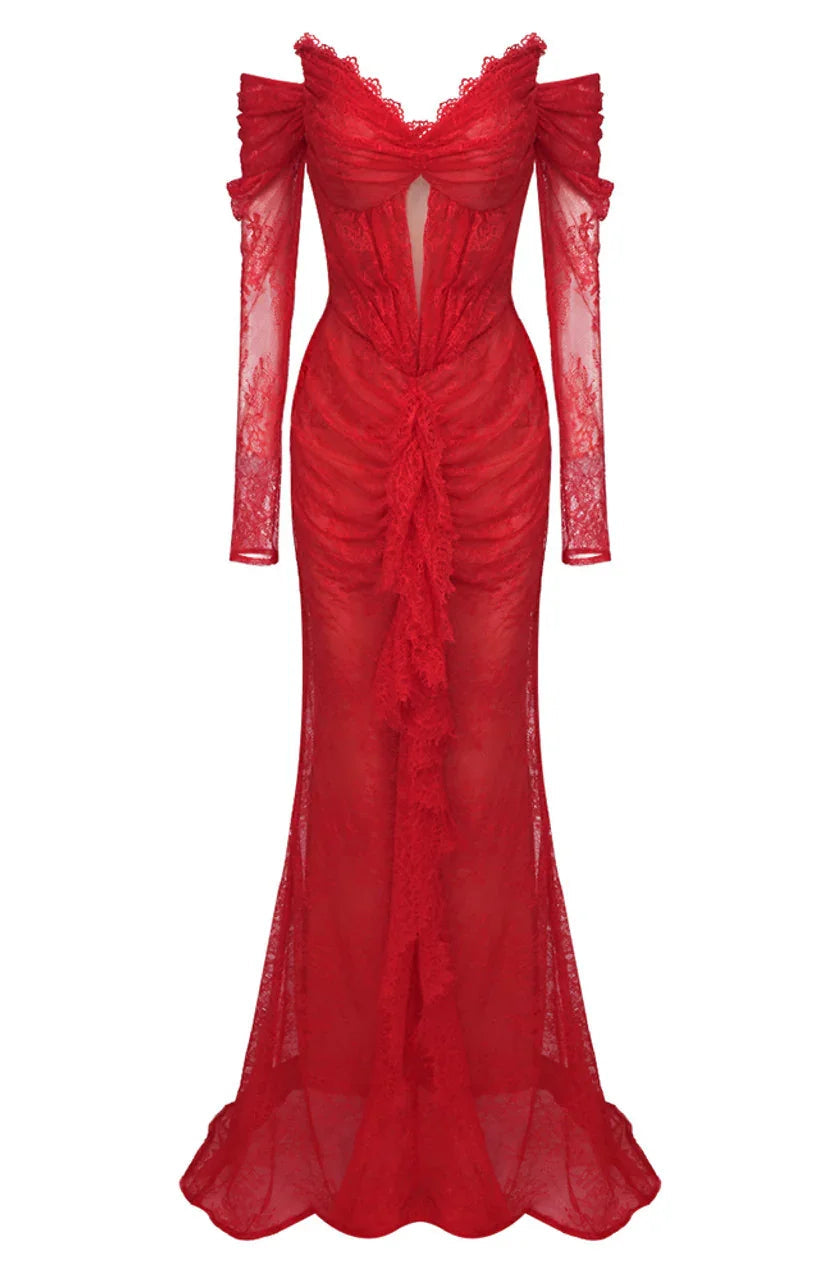 Splendido Abito da Sera Rosso in Pizzo Plissettato Elegante Abito da Ballo Y7694