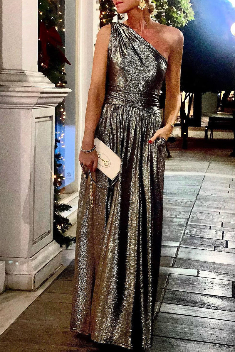 Sexy Elegante Solid Bronzing Pailletten Schrägen Kragen Abendkleid Kleider 