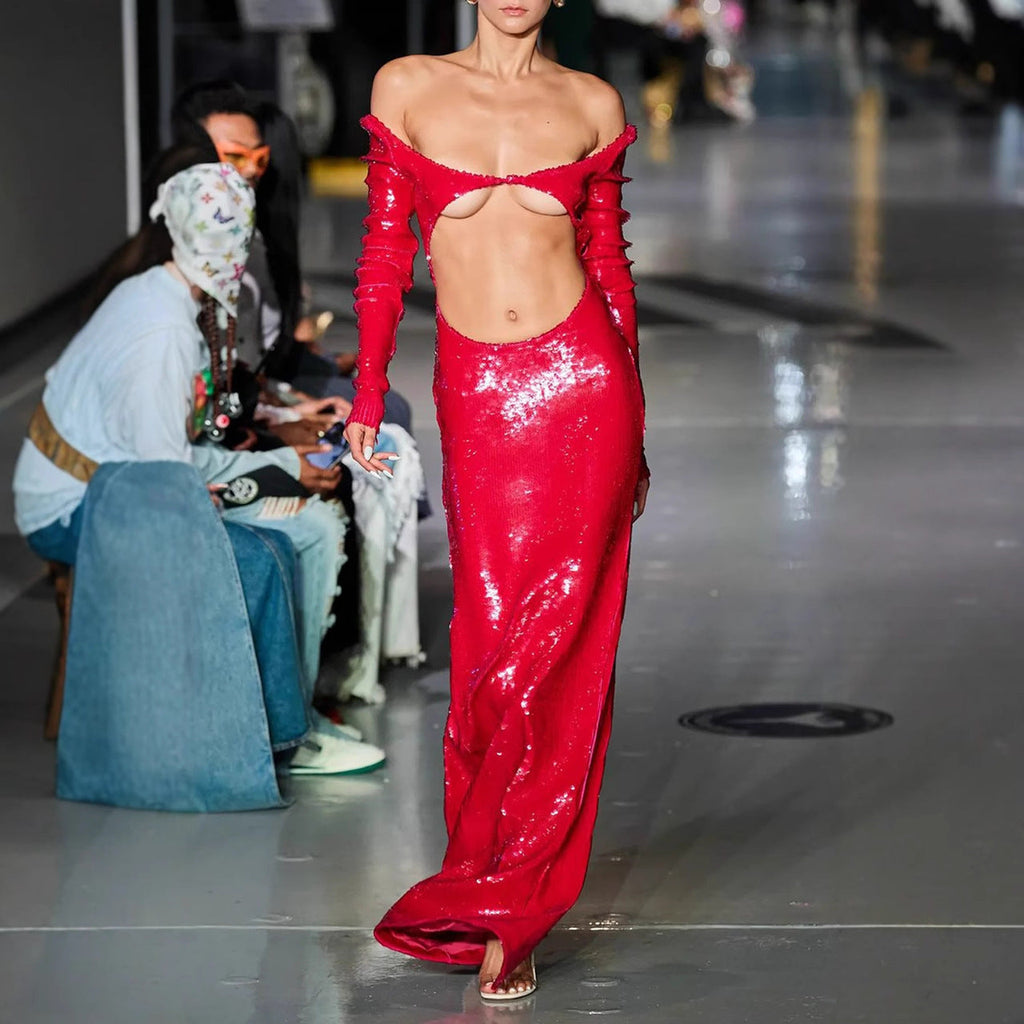 Sheer Panel Beaded Slit Prom Dress