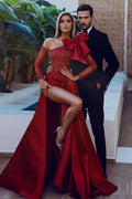 Burgundy Sequined Mermaid Prom Dress With Long Sleeves And Custom Side Split