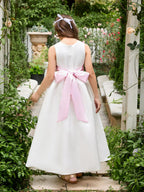 Ivory Satin Flower Girl Ball Gown Ankle Length Dress With Sash