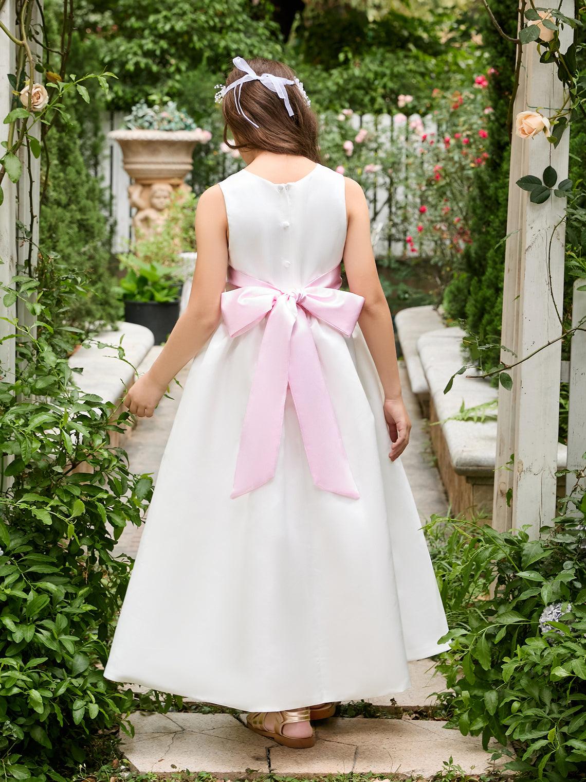Ivory Satin Flower Girl Ball Gown Ankle Length Dress With Sash