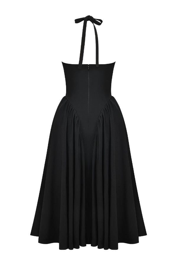 Robe mi-longue trapèze à col en V profond et bretelles fines