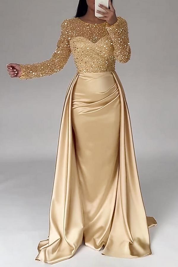 Bmbridal Jewel Neck Long Sleeve Mermaid Evening Dress With Sequins Overskirt