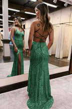 Orange Sequins Sheath Prom Dress With Spaghetti Straps And Criss Cross Back