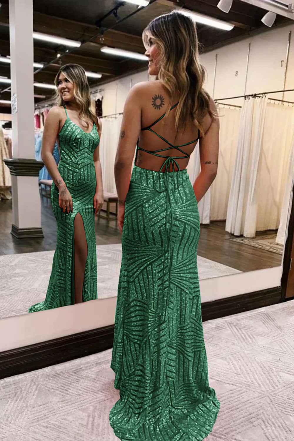 Orange Sequins Sheath Prom Dress With Spaghetti Straps And Criss Cross Back