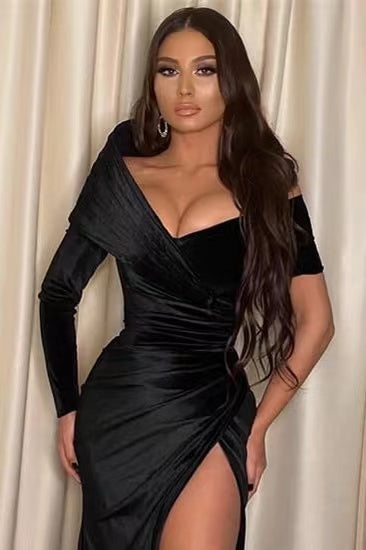 Meerjungfrau-Schulterfreies, langärmliges schwarzes Ballkleid mit Schlitz