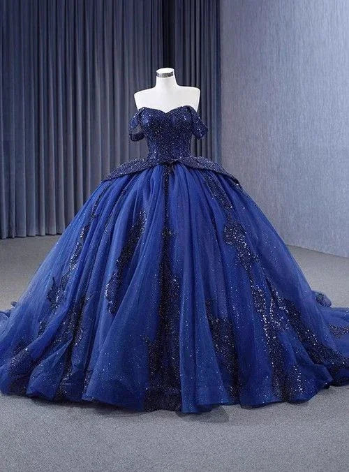 Luxuriöses schulterfreies Ballkleid aus Tüll mit Pailletten und Perlen in Marineblau, Geburtstags- und Abschlussballkleid Y7681