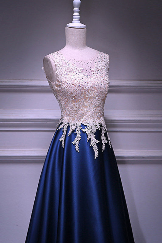 BMbridal Dark Navy Satin Prom Dress Beading Appliques Sleeveless Floor Length