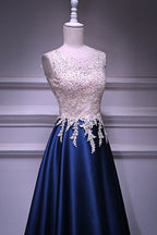 BMbridal Dark Navy Satin Prom Dress Beading Appliques Sleeveless Floor Length