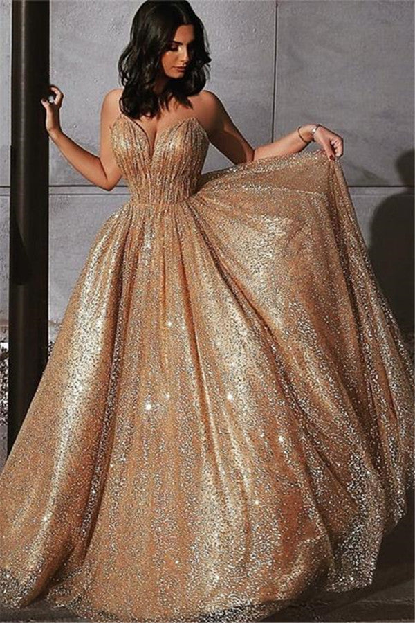 Glamouröses langes Ballkleid aus goldenem A-Linien-Tüll mit Pailletten und Rüschen
