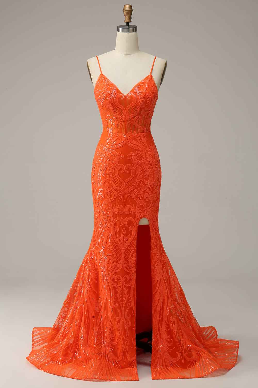 Orange Sequin Mermaid Prom Dress With Spaghetti Straps For Evening Party