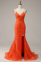 Orange Sequin Mermaid Prom Dress With Spaghetti Straps For Evening Party