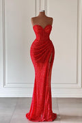 Abito da sera senza maniche con scollo a cuore, stile sirena, con paillettes e spacco alto sulla coscia