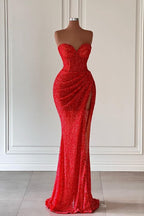 Abito da sera senza maniche con scollo a cuore, stile sirena, con paillettes e spacco alto sulla coscia