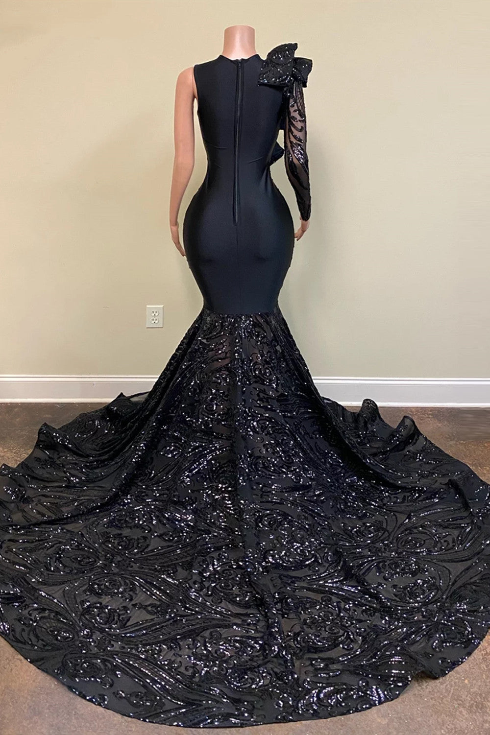 Bmbridal Black One Shoulder Prom Dress Mermaid Sequins Gown With Cascade Ruffles