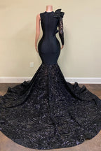 Bmbridal Black One Shoulder Prom Dress Mermaid Sequins Gown With Cascade Ruffles