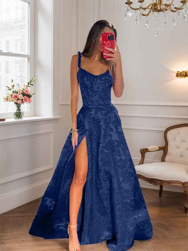 Hot Pink Floral A-Line Long Prom Dress With High Slit