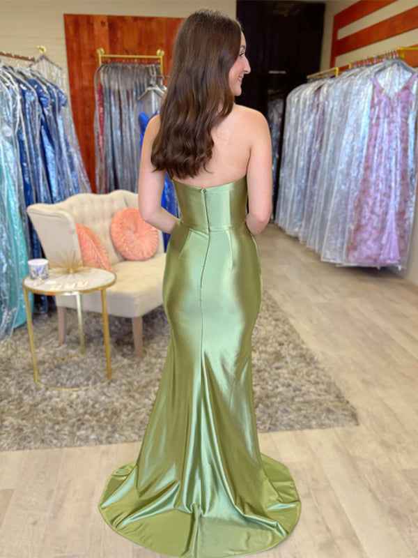 Green Mermaid Strapless Pleated Prom Dress With Slit Satin