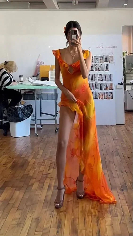 Abito lungo da sera con spacco e balze uniche in chiffon per ballo e festa Y7497