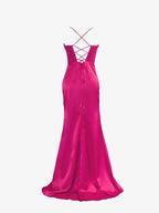 Aaliyah | Robe de bal sirène en satin rose vif à fines bretelles spaghetti avec fente