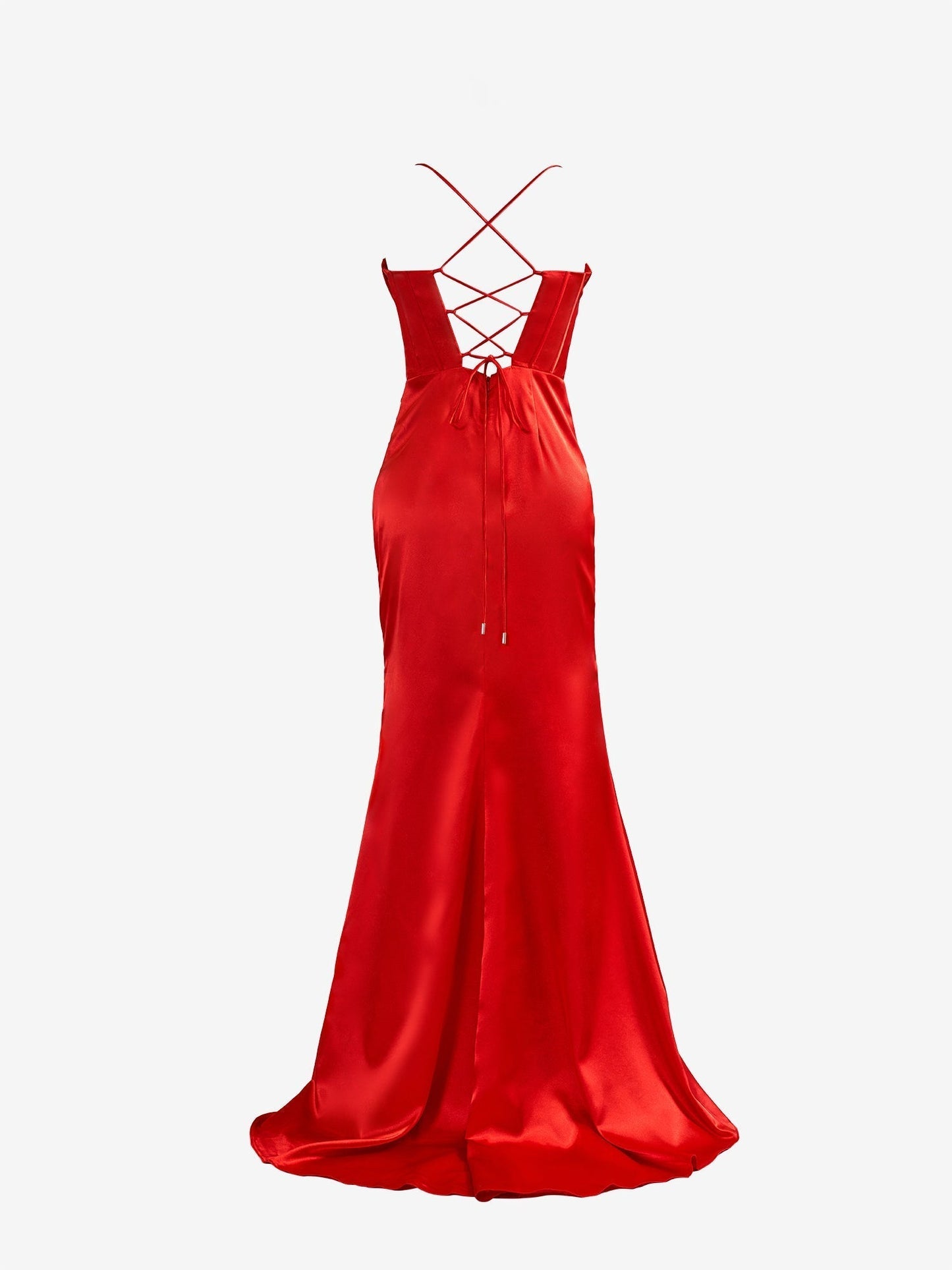 Vestido de fiesta de sirena de satén con tirantes finos rojos y abertura