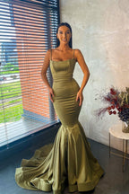 Vestido de Baile Elegante Comprido até ao Chão Estilo Sereia com Alças Finas e Folhos