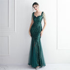 Sequin Mesh Craft Beaded Party Dress Long Cocktail Slim Fit Evening Dress Elegant Long
