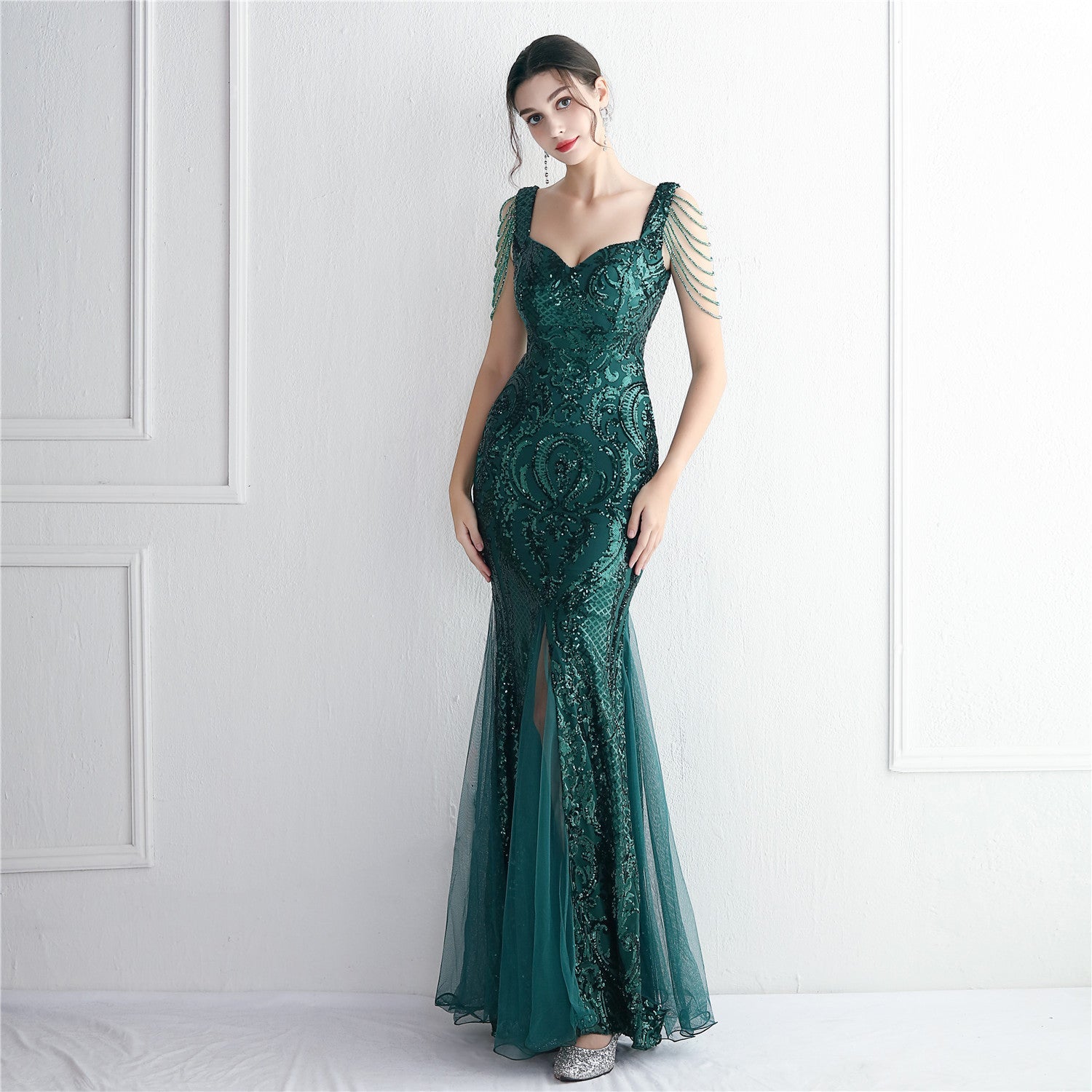 Sequin Mesh Craft Beaded Party Dress Long Cocktail Slim Fit Evening Dress Elegant Long