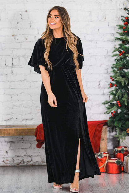 Vestido de noche elegante y sexy de primavera y verano para mujer, de terciopelo dorado, con cuello redondo y abertura alta. 