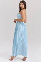 Strapless Cinch Waist Pleated Maxi Dresses-Blue Pre Order