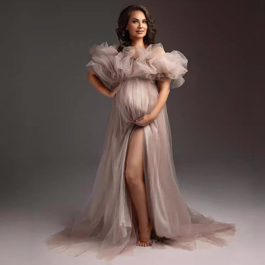 Vestido de tul con un solo hombro y hombros descubiertos para embarazadas, vestido de noche con abertura y gran barriga.