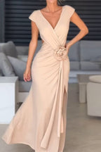 Sexy Slit Ruched Flower Shape V Neck Evening Dresses