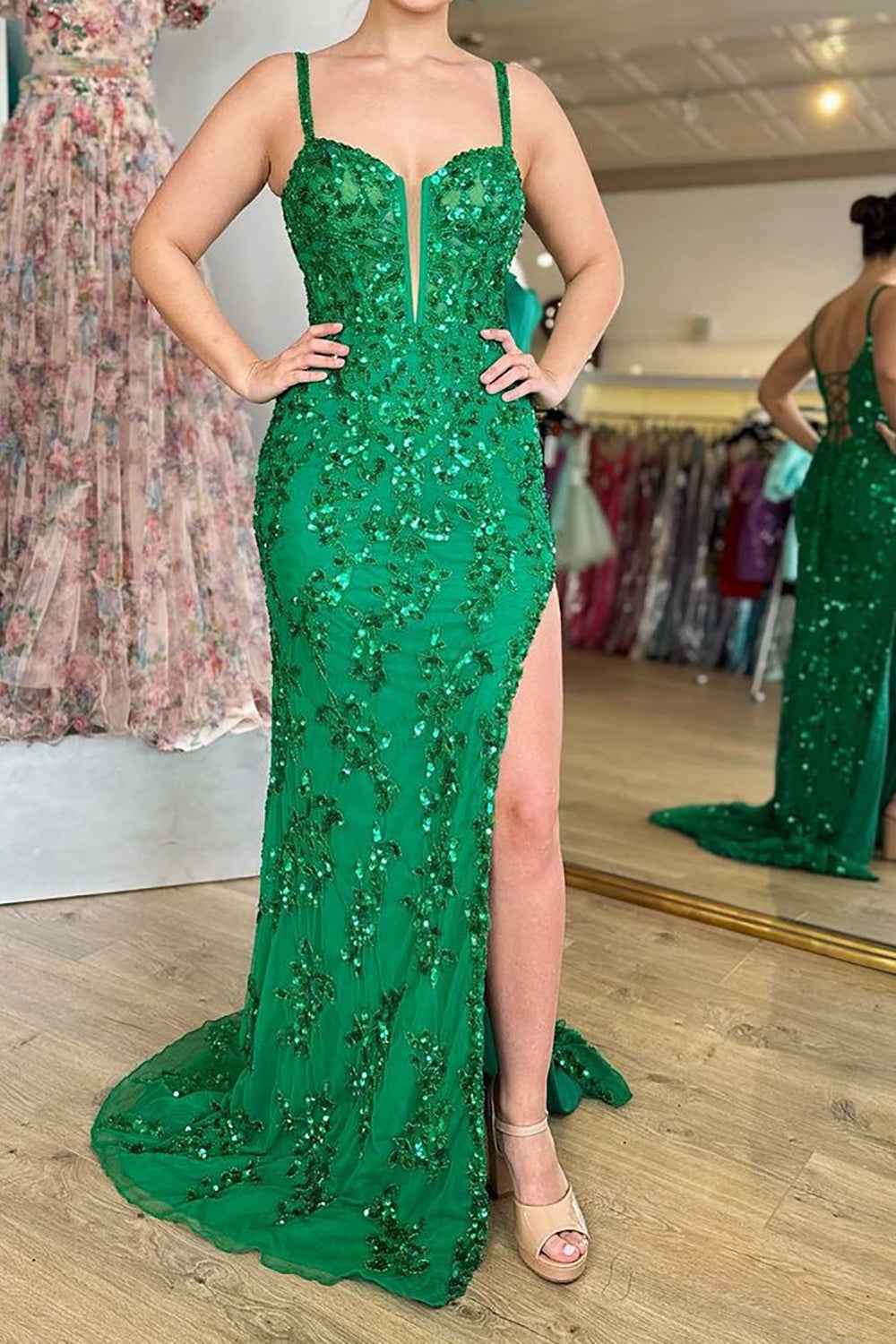 Sparkly Blue Sheath Sequins Long Prom Dress With Slit