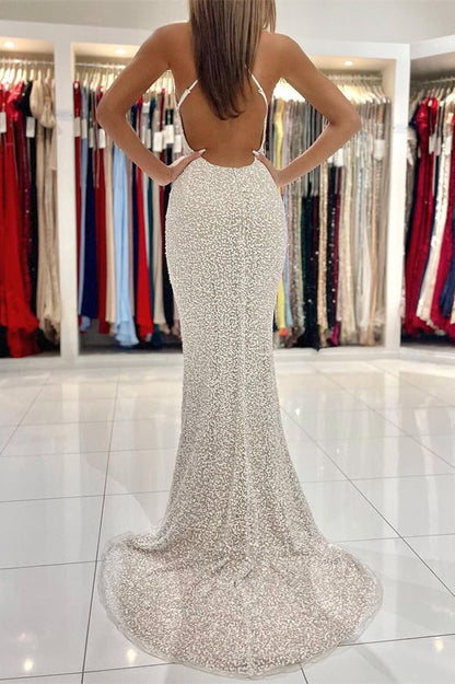 Spaghetti Straps Sequins Mermaid Prom Dress with Open Back